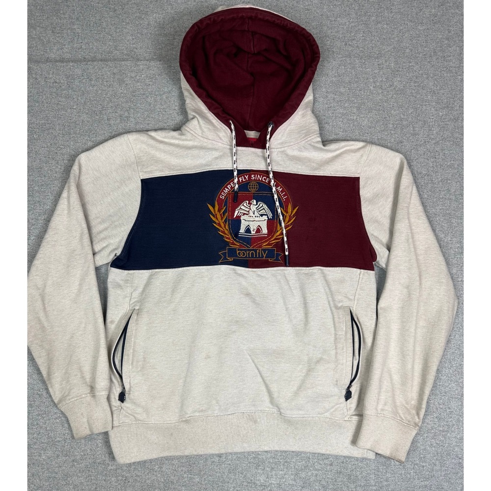 Born‎ Fly Hoodie Sweatshirt Mens L Colorblock Crest Cream Navy Burgundy Y2K